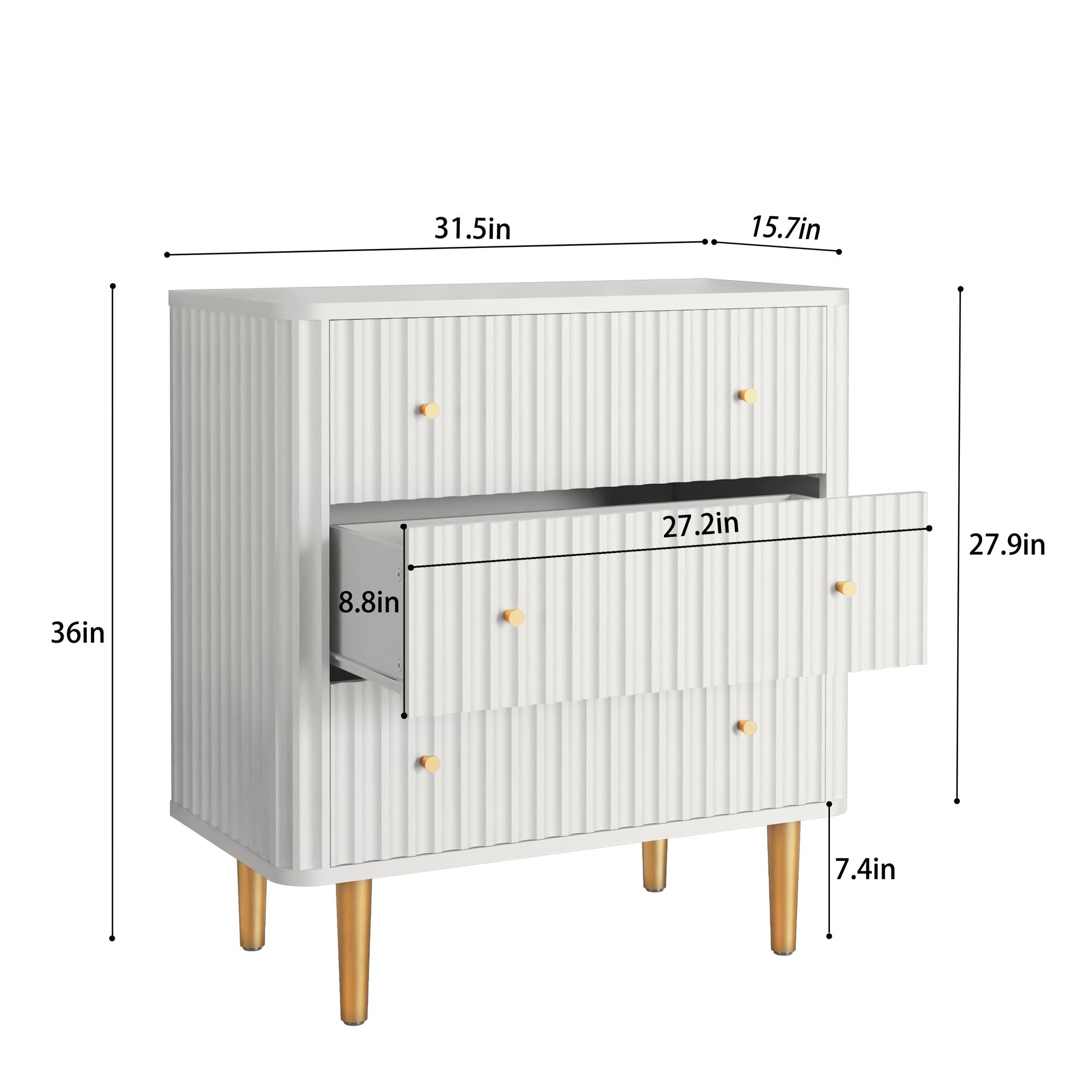 Modern 3 Drawer Dresser for Bedroom, Storage Chest of Drawers, White Wood Dresser Organizer with Fluted Texture, Accent Storage Dresser Cabinet for Living Room, Closet, Hallway - Comfortable Living Decor