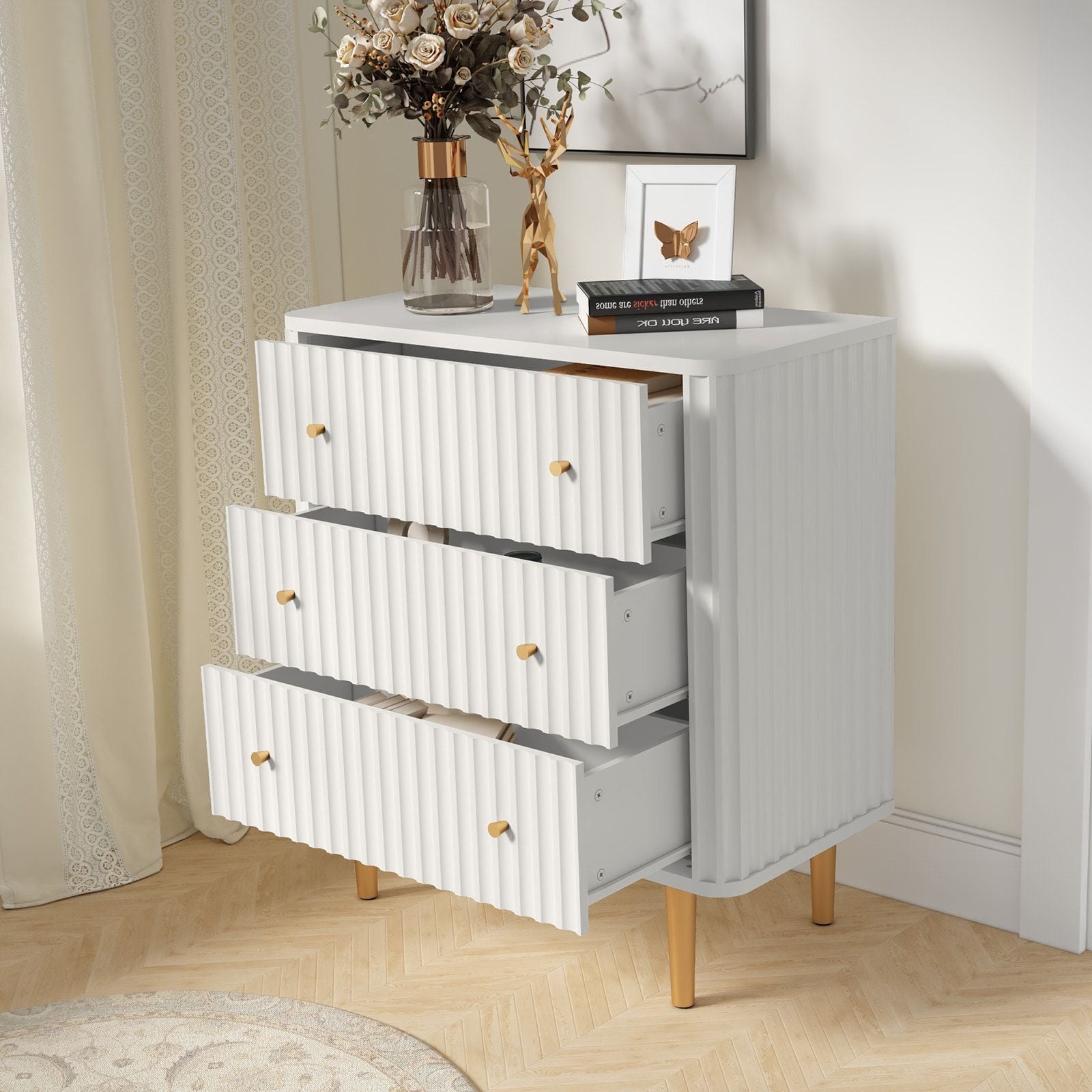 Modern 3 Drawer Dresser for Bedroom, Storage Chest of Drawers, White Wood Dresser Organizer with Fluted Texture, Accent Storage Dresser Cabinet for Living Room, Closet, Hallway - Comfortable Living Decor