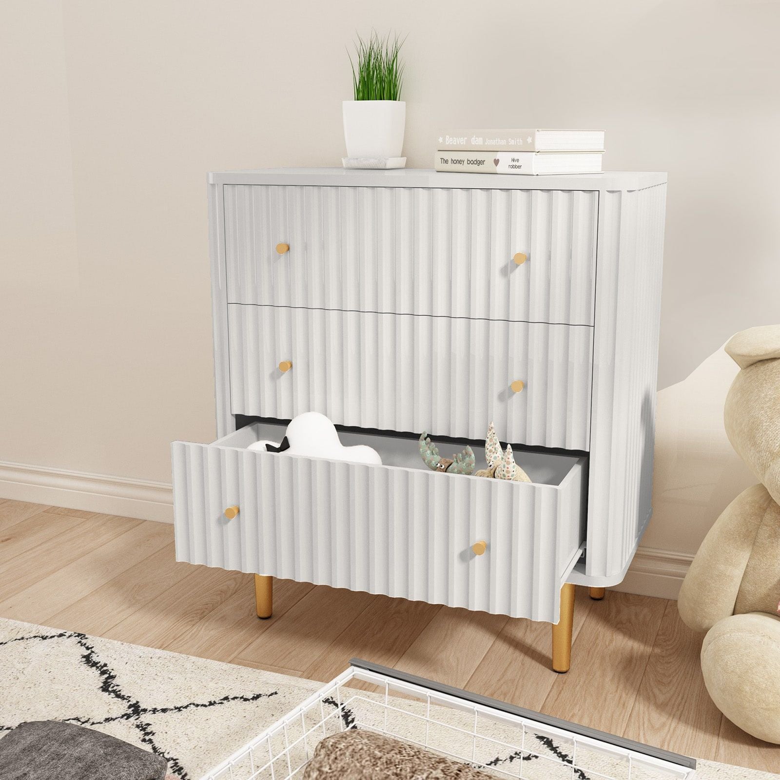 Modern 3 Drawer Dresser for Bedroom, Storage Chest of Drawers, White Wood Dresser Organizer with Fluted Texture, Accent Storage Dresser Cabinet for Living Room, Closet, Hallway - Comfortable Living Decor