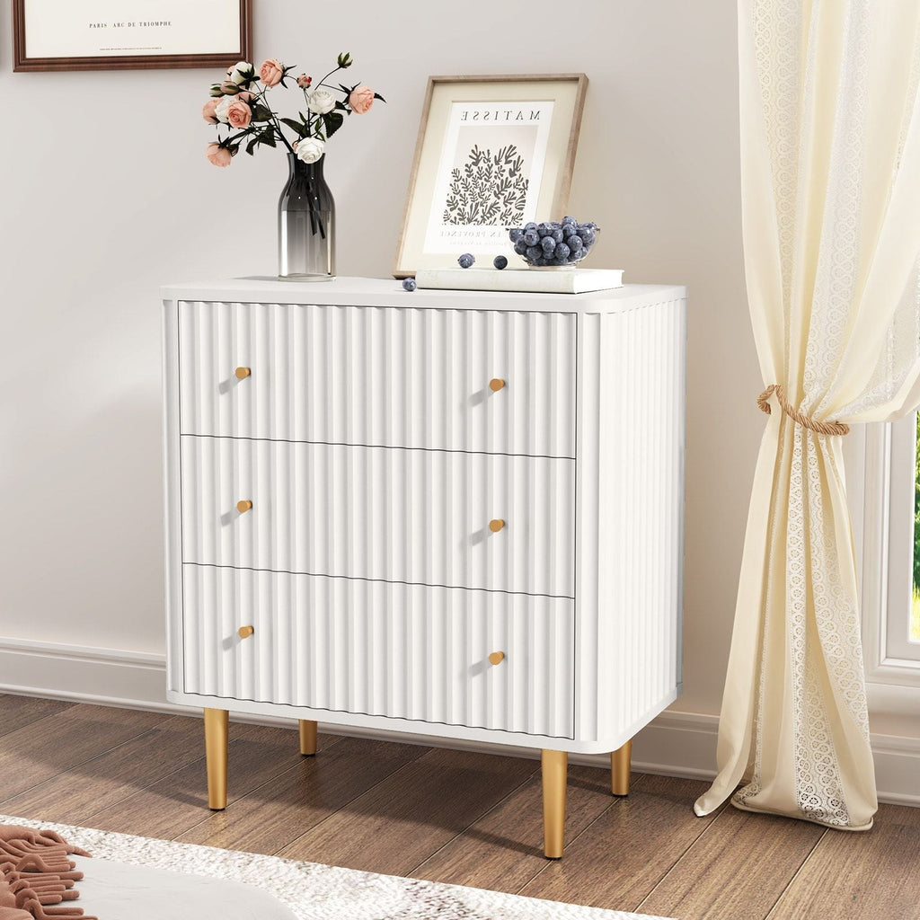 Modern 3 Drawer Dresser for Bedroom, Storage Chest of Drawers, White Wood Dresser Organizer with Fluted Texture, Accent Storage Dresser Cabinet for Living Room, Closet, Hallway - Comfortable Living Decor