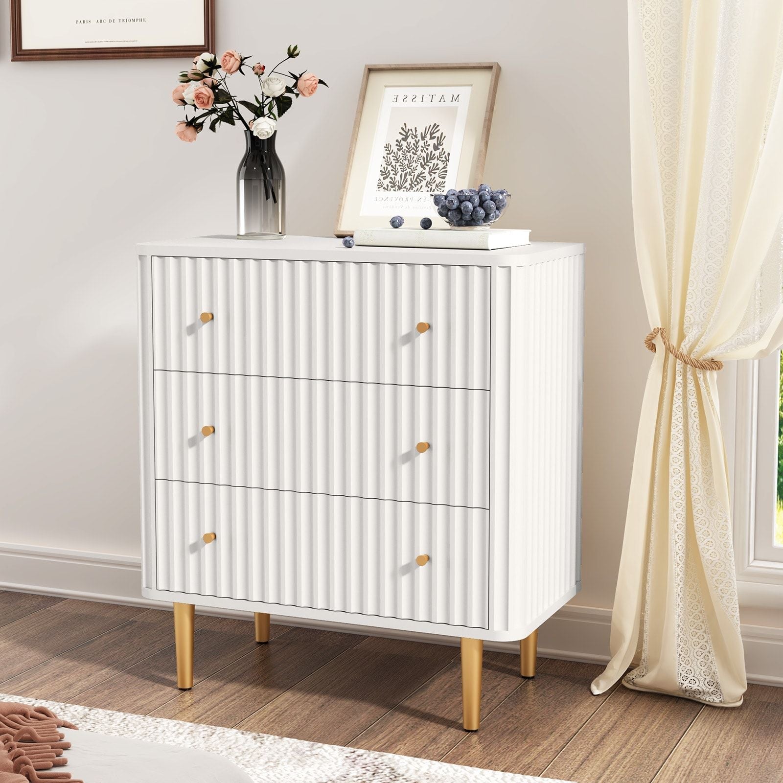 Modern 3 Drawer Dresser for Bedroom, Storage Chest of Drawers, White Wood Dresser Organizer with Fluted Texture, Accent Storage Dresser Cabinet for Living Room, Closet, Hallway - Comfortable Living Decor
