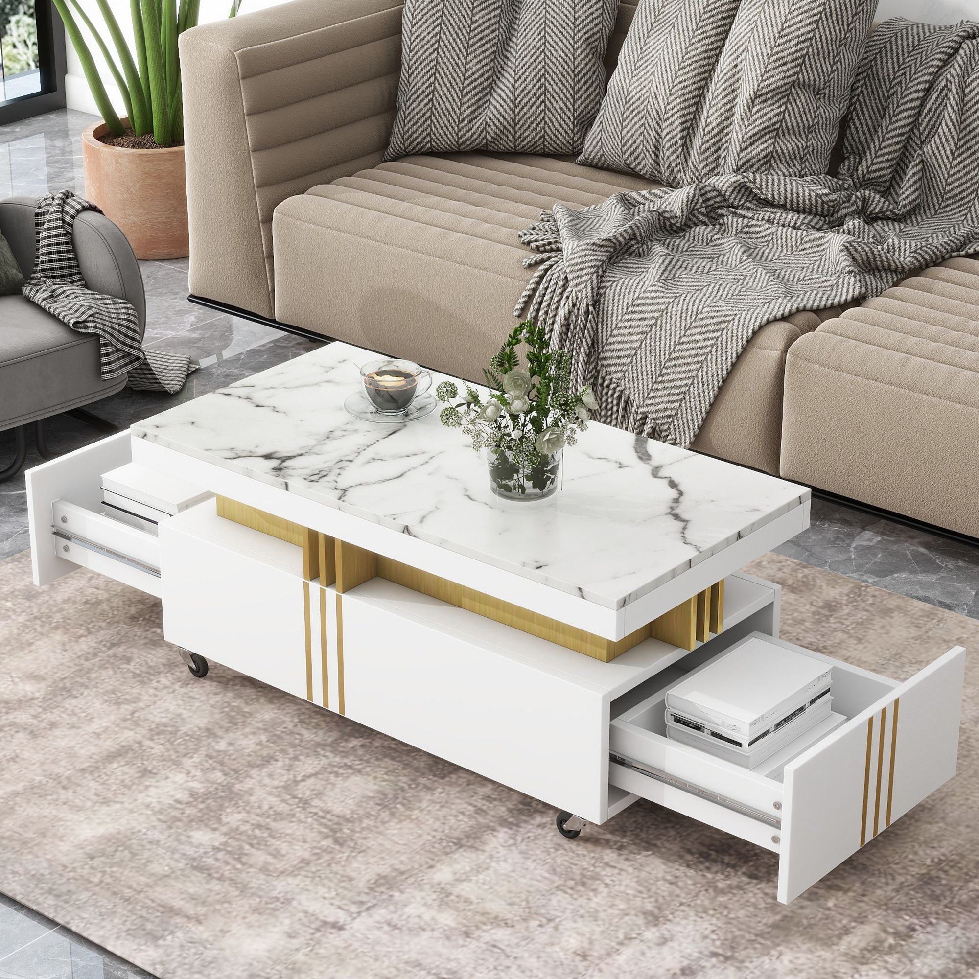 Modern Contemporary Cocktail Table with Faux Marble Top by Yeah Depot - Comfortable Living Decor