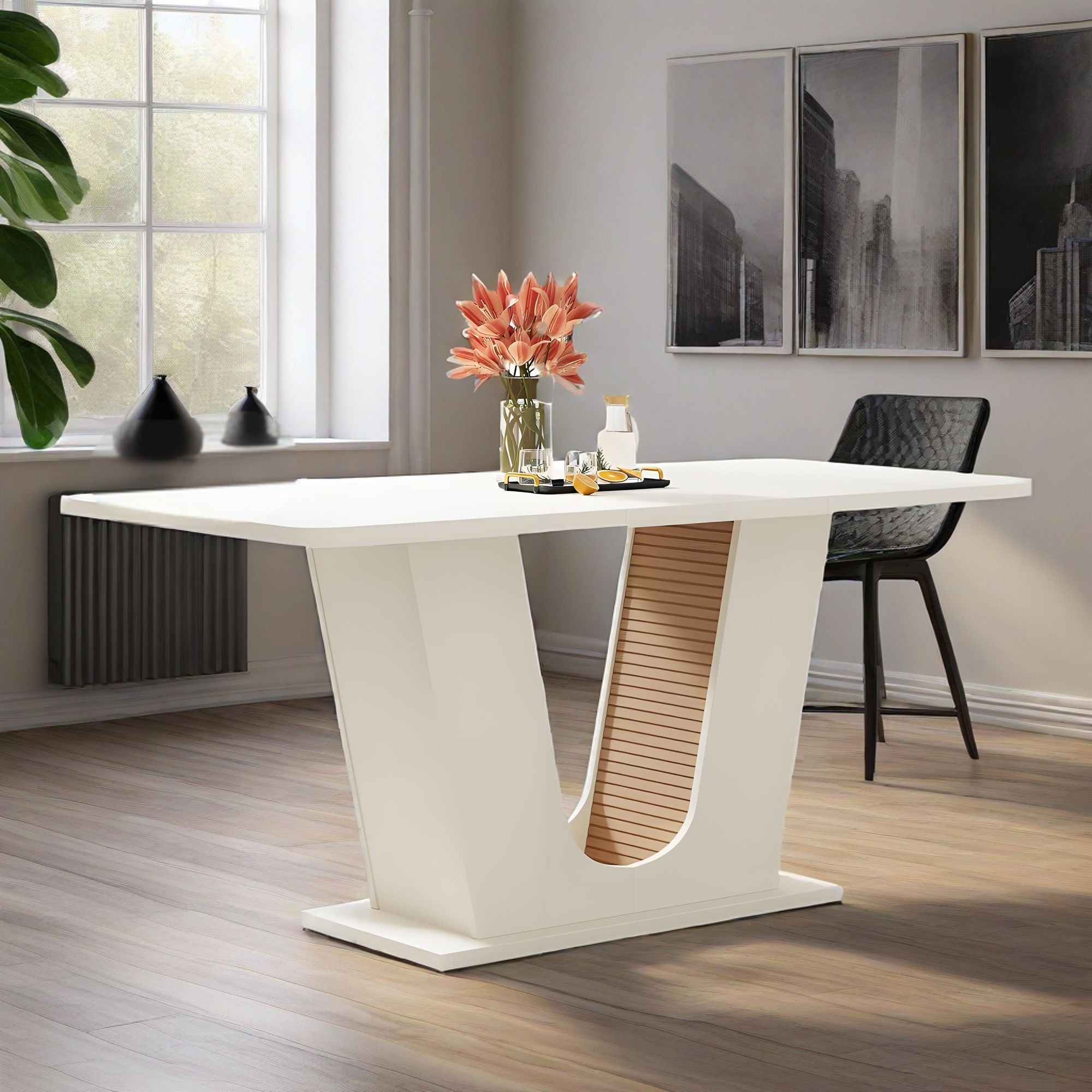Modern Dining Table for 4 - 6 People, 55 - Inch Rectangular Kitchen Table with U - Shaped Base, Dinner Table - Comfortable Living Decor