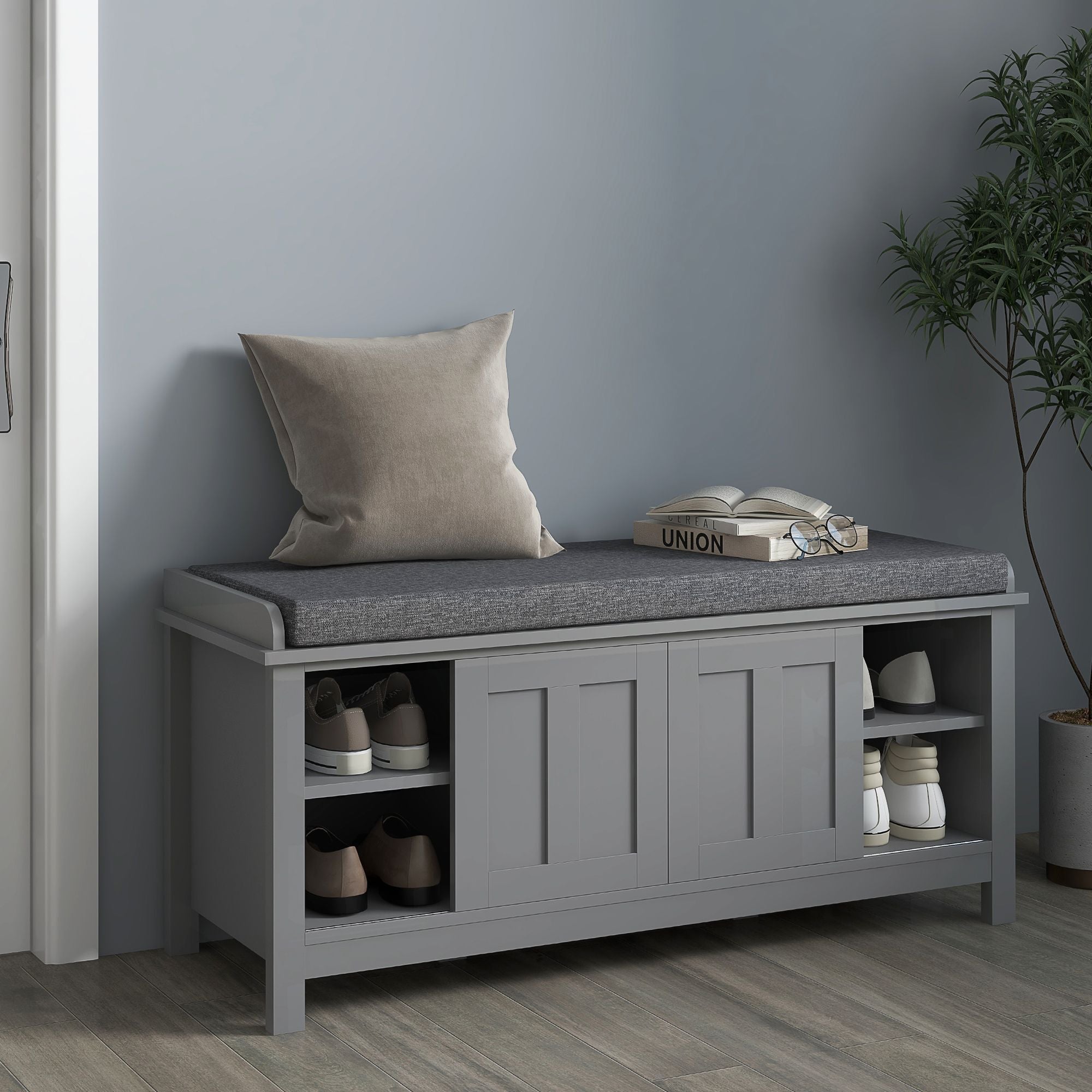Modern Entry Way Bench with Cushion and 2 Sliding Doors by Homcom - Comfortable Living Decor