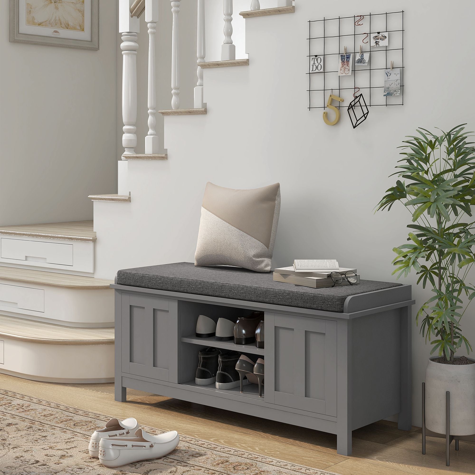 Modern Entry Way Bench with Cushion and 2 Sliding Doors by Homcom - Comfortable Living Decor