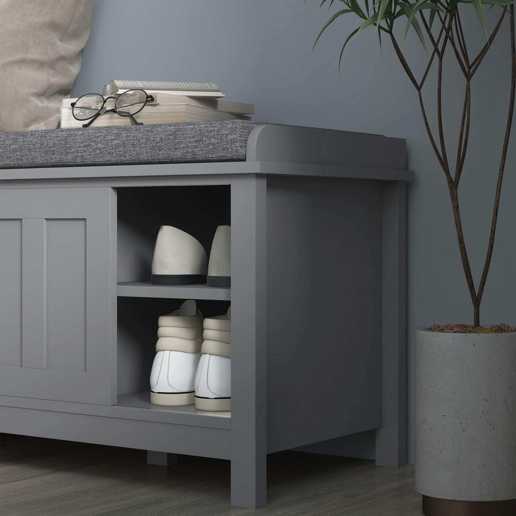 Modern Entry Way Bench with Cushion and 2 Sliding Doors by Homcom - Comfortable Living Decor