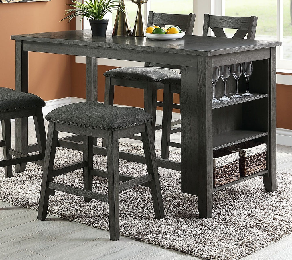 Modern Gray Finish 5pc Counter Height High Dining Table w Storage Shelves High Chairs And Stools Wooden Kitchen Breakfast Table Dining Room Furniture - Comfortable Living Decor
