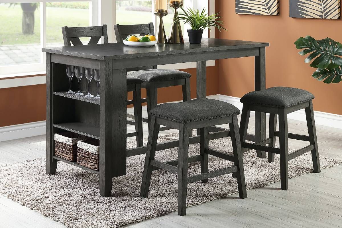 Modern Gray Finish 5pc Counter Height High Dining Table w Storage Shelves High Chairs And Stools Wooden Kitchen Breakfast Table Dining Room Furniture - Comfortable Living Decor