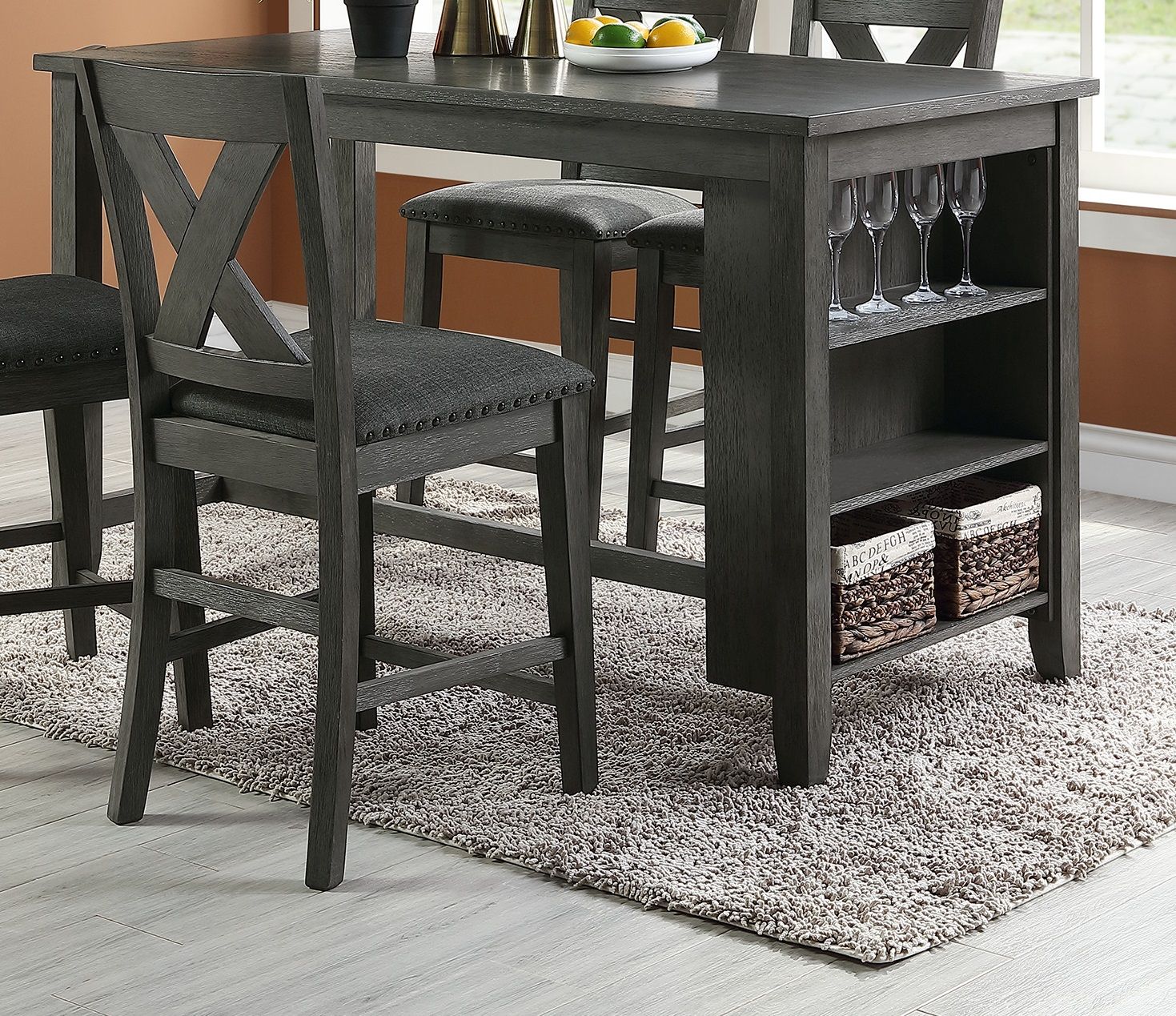 Modern Gray Finish 5pc Counter Height High Dining Table w Storage Shelves High Chairs And Stools Wooden Kitchen Breakfast Table Dining Room Furniture - Comfortable Living Decor