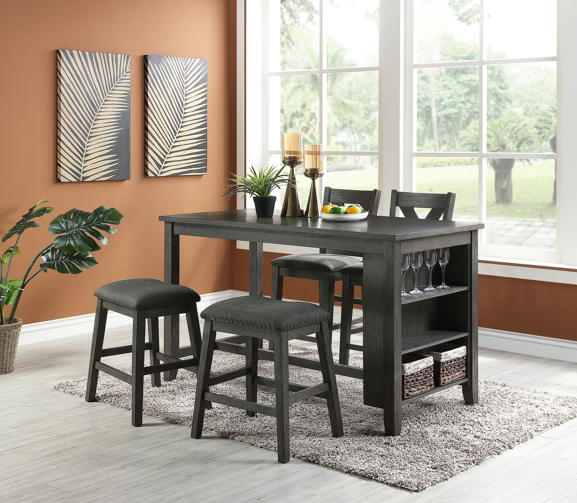 Modern Gray Finish 5pc Counter Height High Dining Table w Storage Shelves High Chairs And Stools Wooden Kitchen Breakfast Table Dining Room Furniture - Comfortable Living Decor