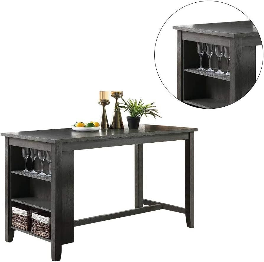 Modern Gray Finish 5pc Counter Height High Dining Table w Storage Shelves High Chairs And Stools Wooden Kitchen Breakfast Table Dining Room Furniture - Comfortable Living Decor