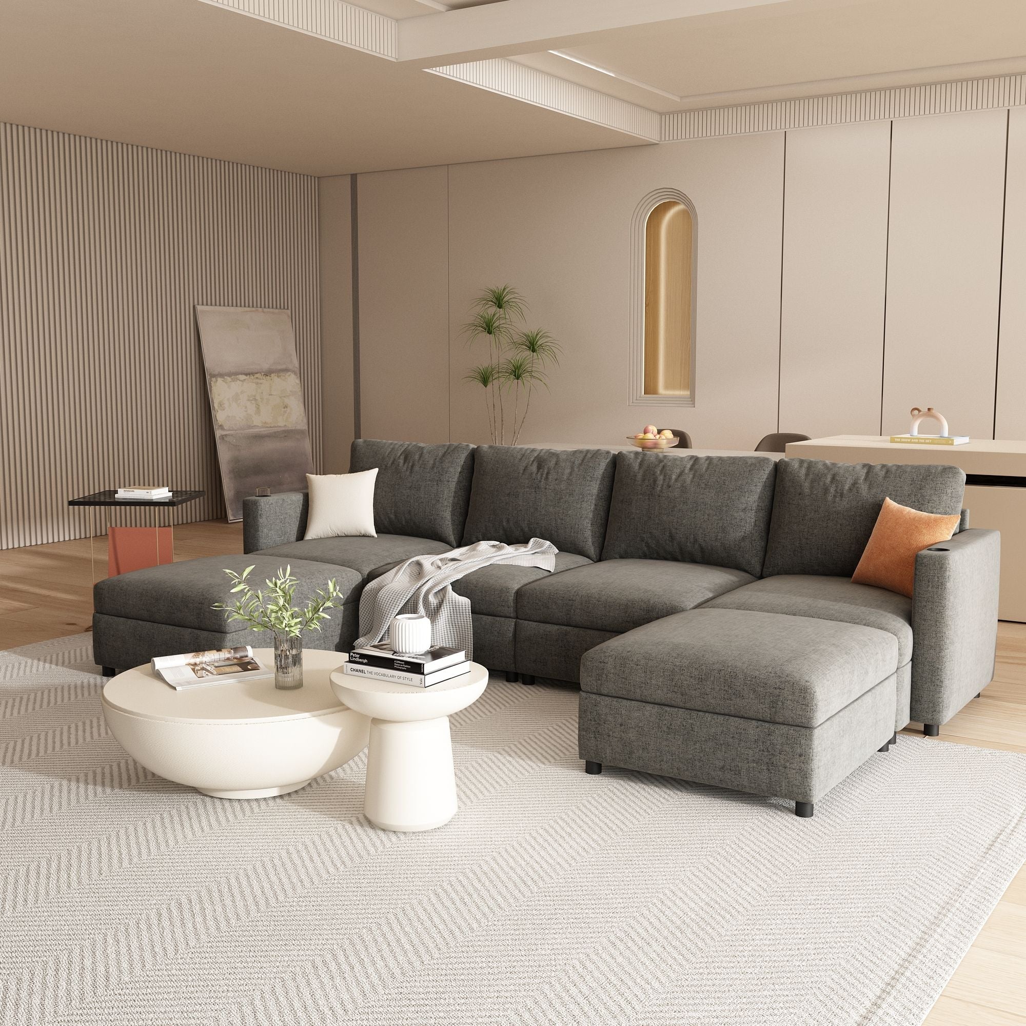 Modern Large Sectional Sofa, U - Shape Modular Sectional Couch with Storage Function,123" Sofa Bed with Ottoman,6 Seat Sectionals Chaise for Living Room,Chenille - Comfortable Living Decor