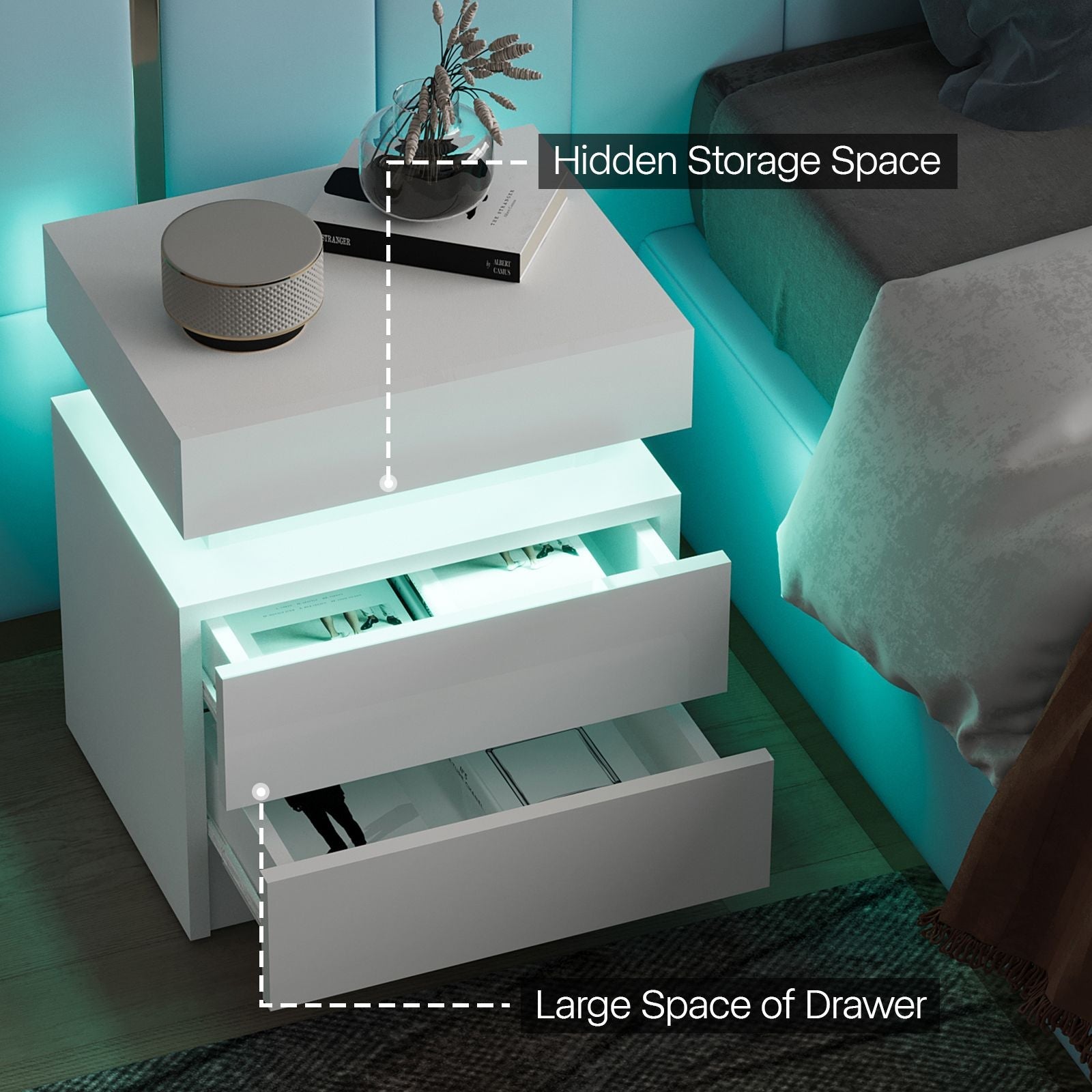 Modern Mandicular Nightstand w/ LED Light by Homcom - Comfortable Living Decor