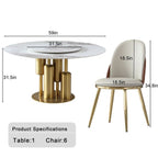 Modern Marble Dining Table with Removable Turntable, 59" Round Sintered Stone Table with Stainless Steel Base, 7 - Piece Dining Table Set for Dining Room, Kitchen, Dinette, Compact Space (LTL item) - Comfortable Living Decor