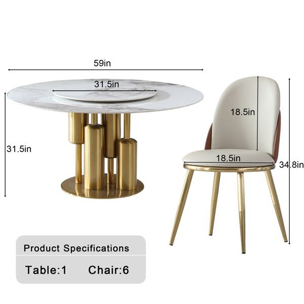 Modern Marble Dining Table with Removable Turntable, 59" Round Sintered Stone Table with Stainless Steel Base, 7 - Piece Dining Table Set for Dining Room, Kitchen, Dinette, Compact Space (LTL item) - Comfortable Living Decor
