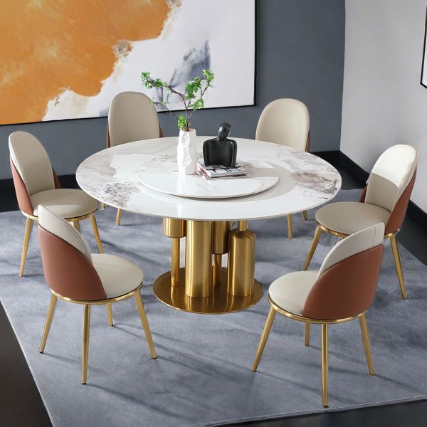 Modern Marble Dining Table with Removable Turntable, 59" Round Sintered Stone Table with Stainless Steel Base, 7 - Piece Dining Table Set for Dining Room, Kitchen, Dinette, Compact Space (LTL item) - Comfortable Living Decor