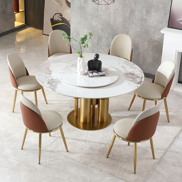 Modern Marble Dining Table with Removable Turntable, 59" Round Sintered Stone Table with Stainless Steel Base, 7 - Piece Dining Table Set for Dining Room, Kitchen, Dinette, Compact Space (LTL item) - Comfortable Living Decor