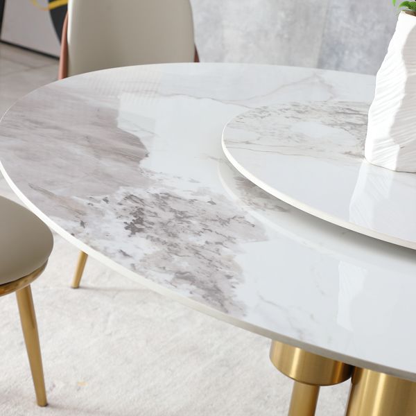 Modern Marble Dining Table with Removable Turntable, 59" Round Sintered Stone Table with Stainless Steel Base, 7 - Piece Dining Table Set for Dining Room, Kitchen, Dinette, Compact Space (LTL item) - Comfortable Living Decor