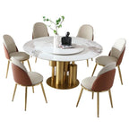 Modern Marble Dining Table with Removable Turntable, 59" Round Sintered Stone Table with Stainless Steel Base, 7 - Piece Dining Table Set for Dining Room, Kitchen, Dinette, Compact Space (LTL item) - Comfortable Living Decor