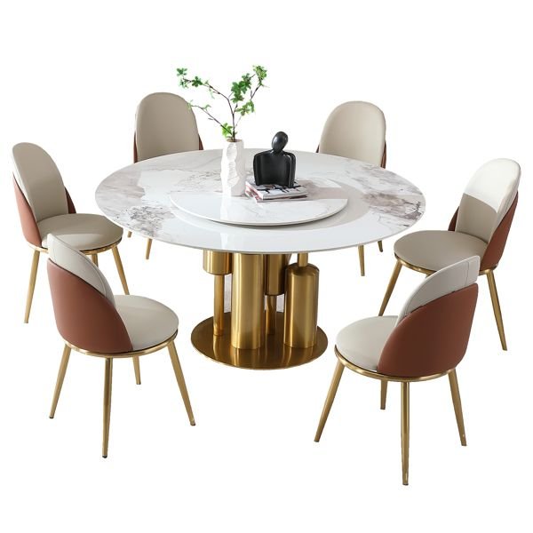 Modern Marble Dining Table with Removable Turntable, 59" Round Sintered Stone Table with Stainless Steel Base, 7 - Piece Dining Table Set for Dining Room, Kitchen, Dinette, Compact Space (LTL item) - Comfortable Living Decor