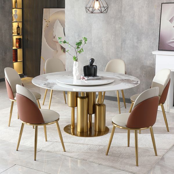 Modern Marble Dining Table with Removable Turntable, 59" Round Sintered Stone Table with Stainless Steel Base, 7 - Piece Dining Table Set for Dining Room, Kitchen, Dinette, Compact Space (LTL item) - Comfortable Living Decor