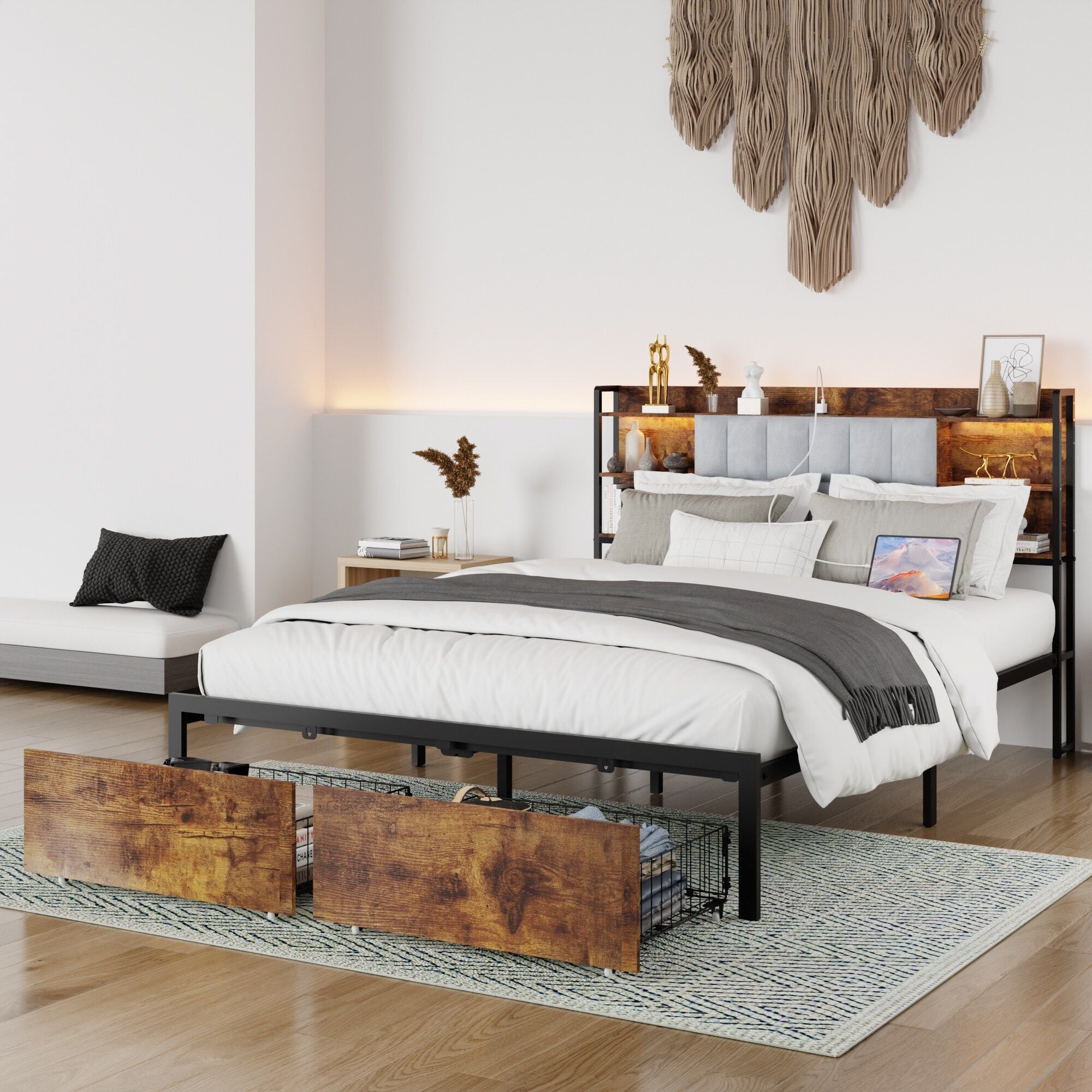 Modern Queen Size Bed Frame w/ LED Lights by Homcom - Comfortable Living Decor