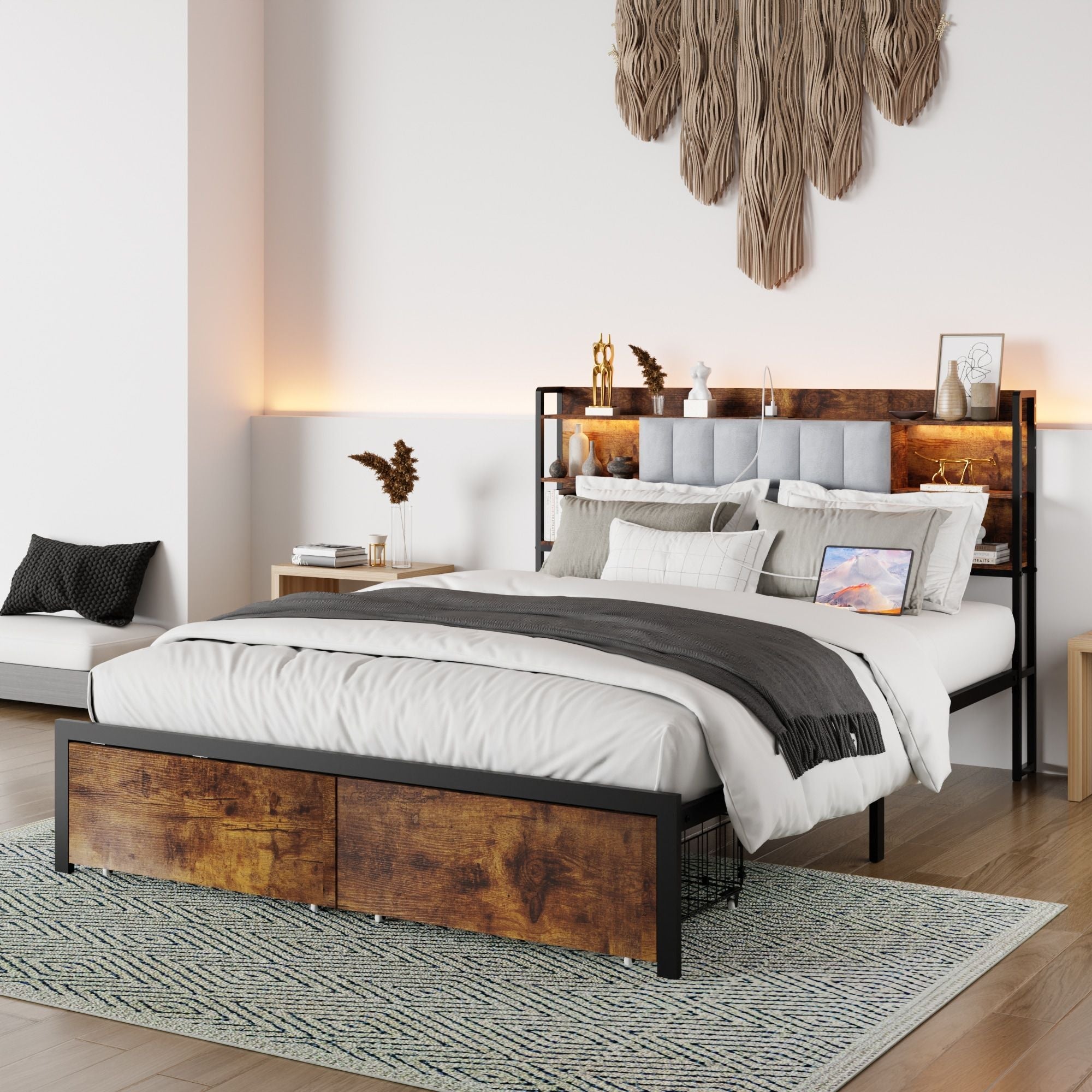 Modern Queen Size Bed Frame w/ LED Lights by Homcom - Comfortable Living Decor