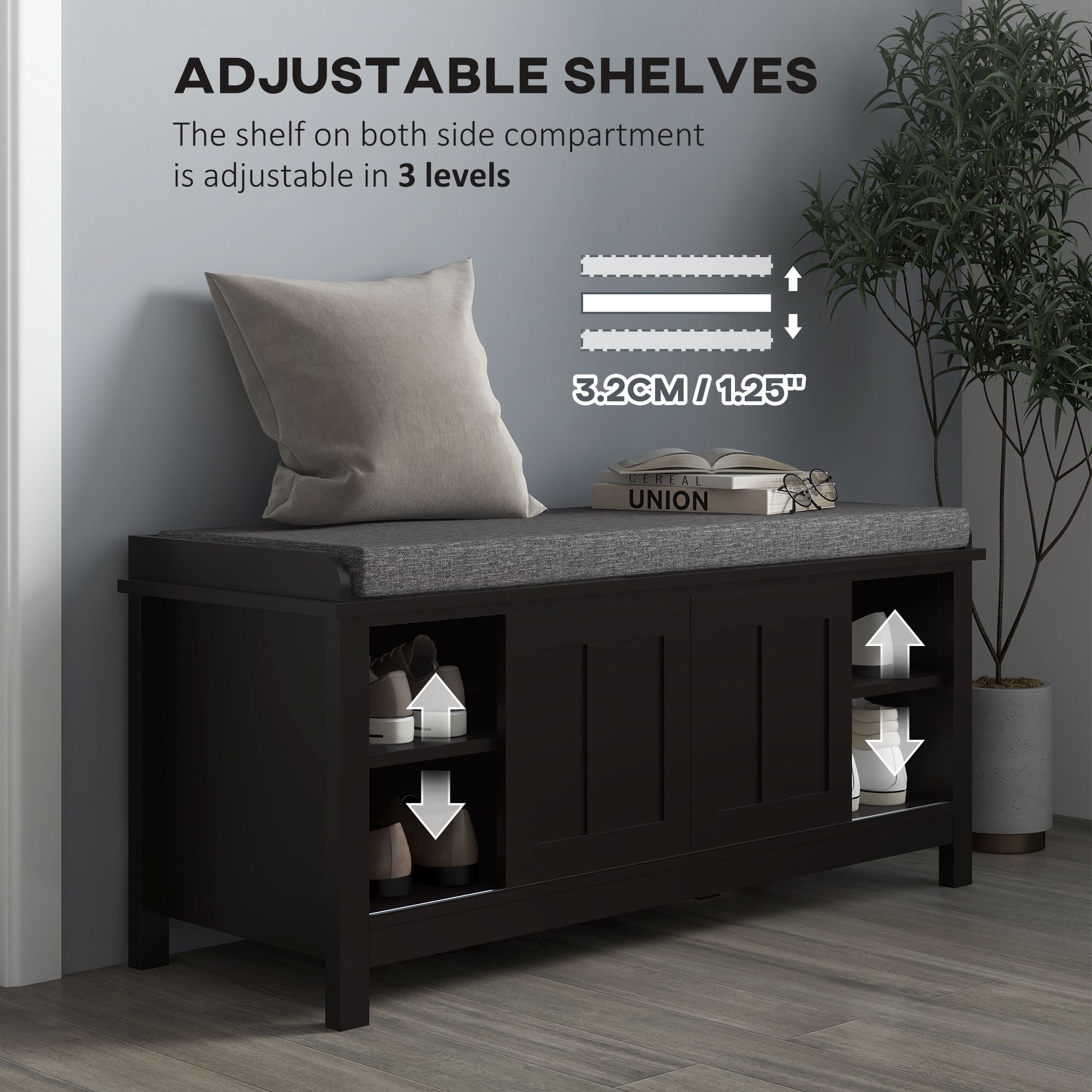 Modern Shoe Storage Bench Entryway with Cushion and 2 Sliding Doors by Homcom - Comfortable Living Decor