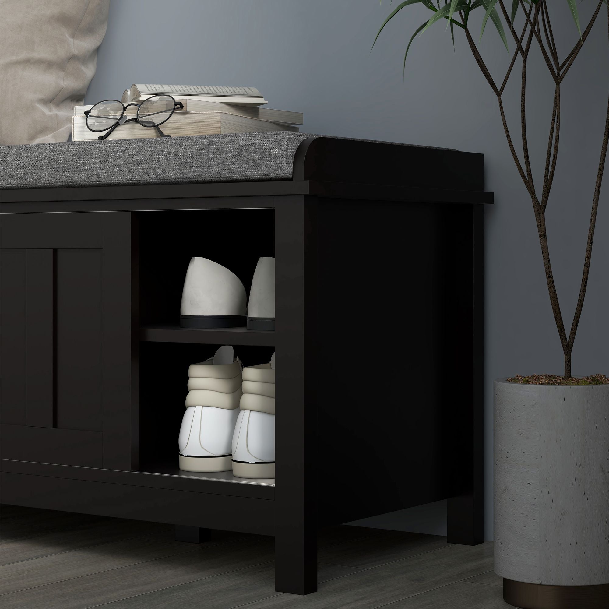Modern Shoe Storage Bench Entryway with Cushion and 2 Sliding Doors by Homcom - Comfortable Living Decor