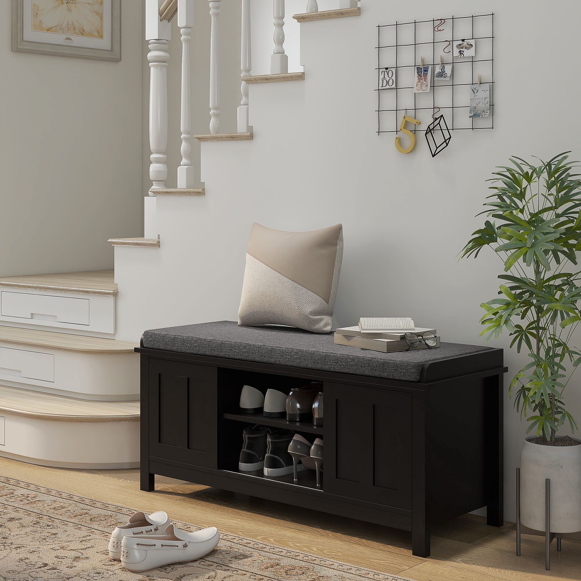 Modern Shoe Storage Bench Entryway with Cushion and 2 Sliding Doors by Homcom - Comfortable Living Decor