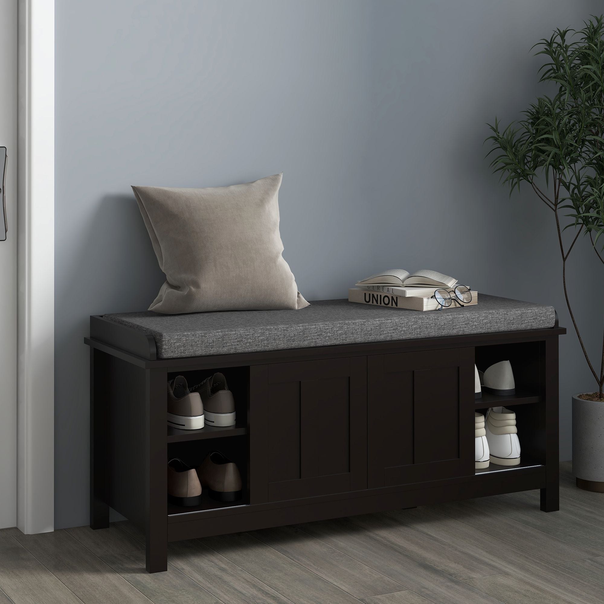 Modern Shoe Storage Bench Entryway with Cushion and 2 Sliding Doors by Homcom - Comfortable Living Decor