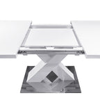 Modern Square Dining Table, Stretchable, White Table Top+MDF X - Shape Table Leg with Metal Base - Comfortable Living Decor