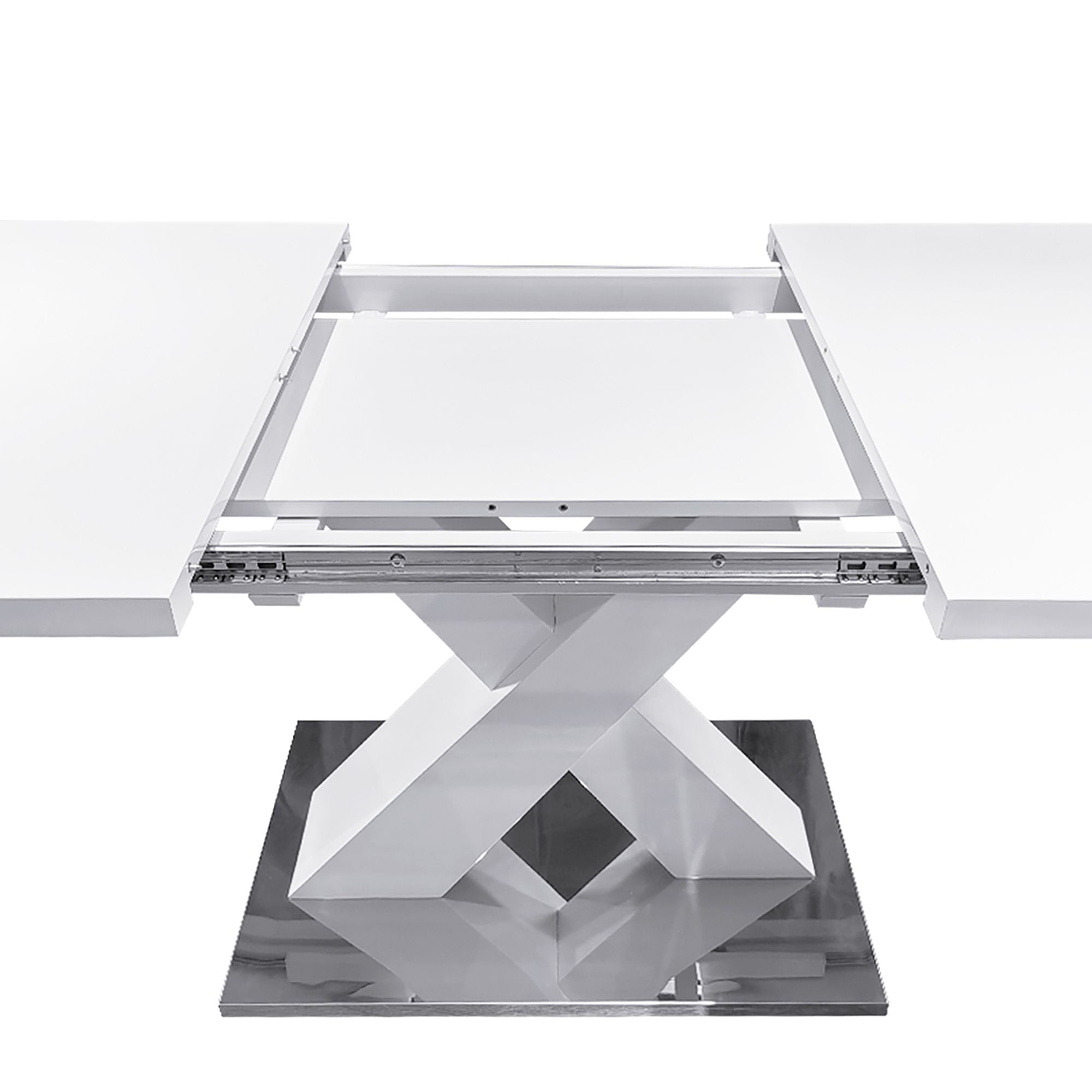 Modern Square Dining Table, Stretchable, White Table Top+MDF X - Shape Table Leg with Metal Base - Comfortable Living Decor