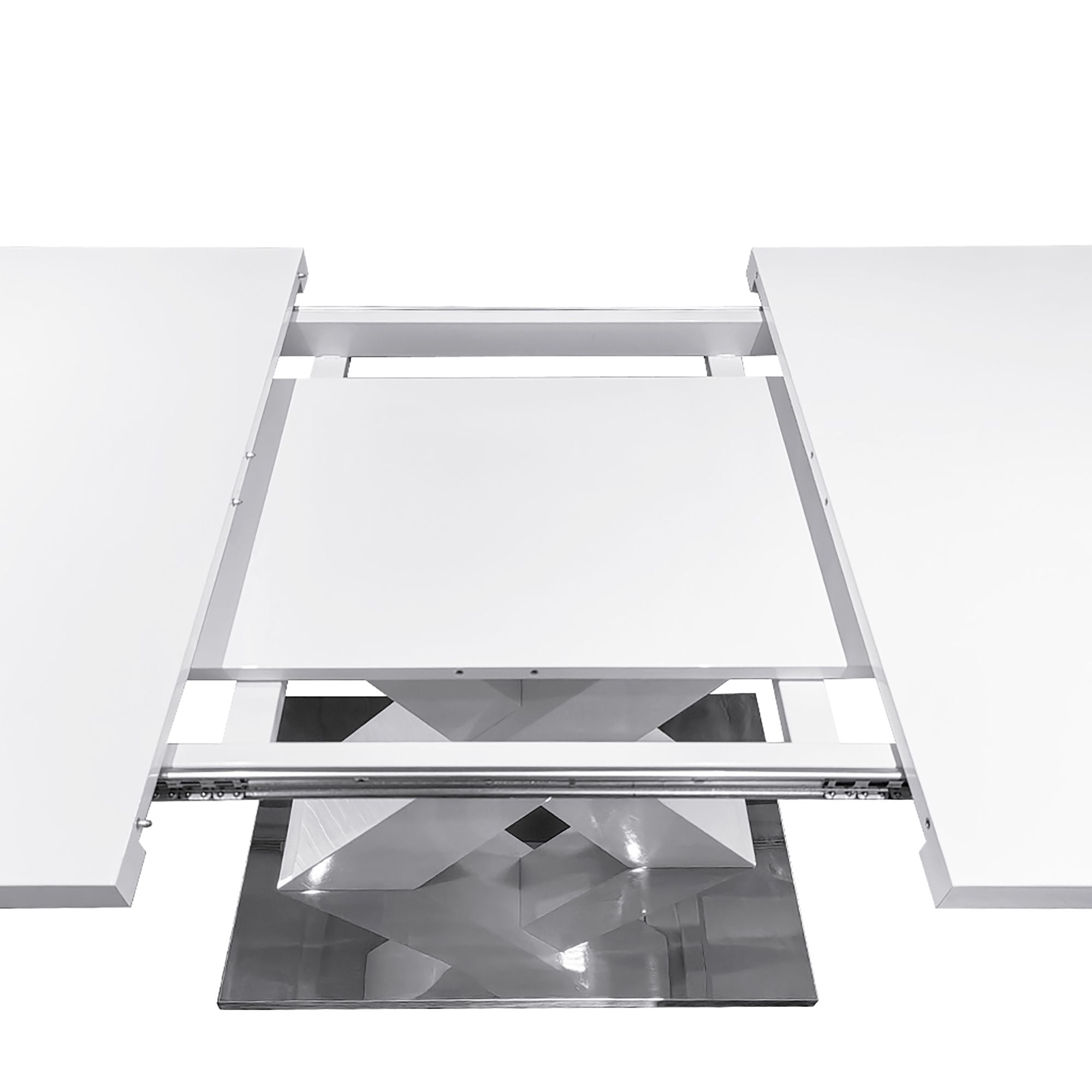 Modern Square Dining Table, Stretchable, White Table Top+MDF X - Shape Table Leg with Metal Base - Comfortable Living Decor