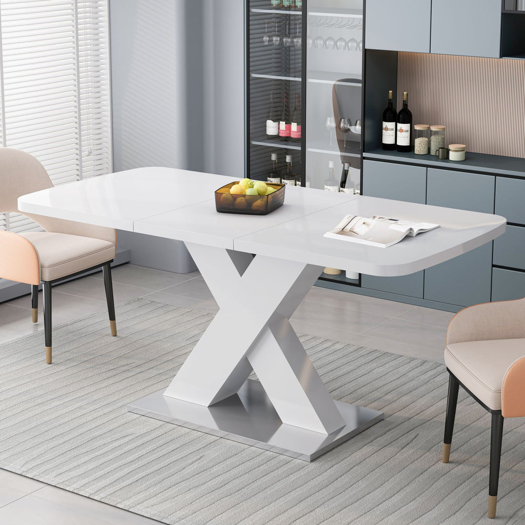Modern Square Dining Table, Stretchable, White Table Top+MDF X - Shape Table Leg with Metal Base - Comfortable Living Decor