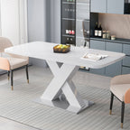 Modern Square Dining Table, Stretchable, White Table Top+MDF X - Shape Table Leg with Metal Base - Comfortable Living Decor