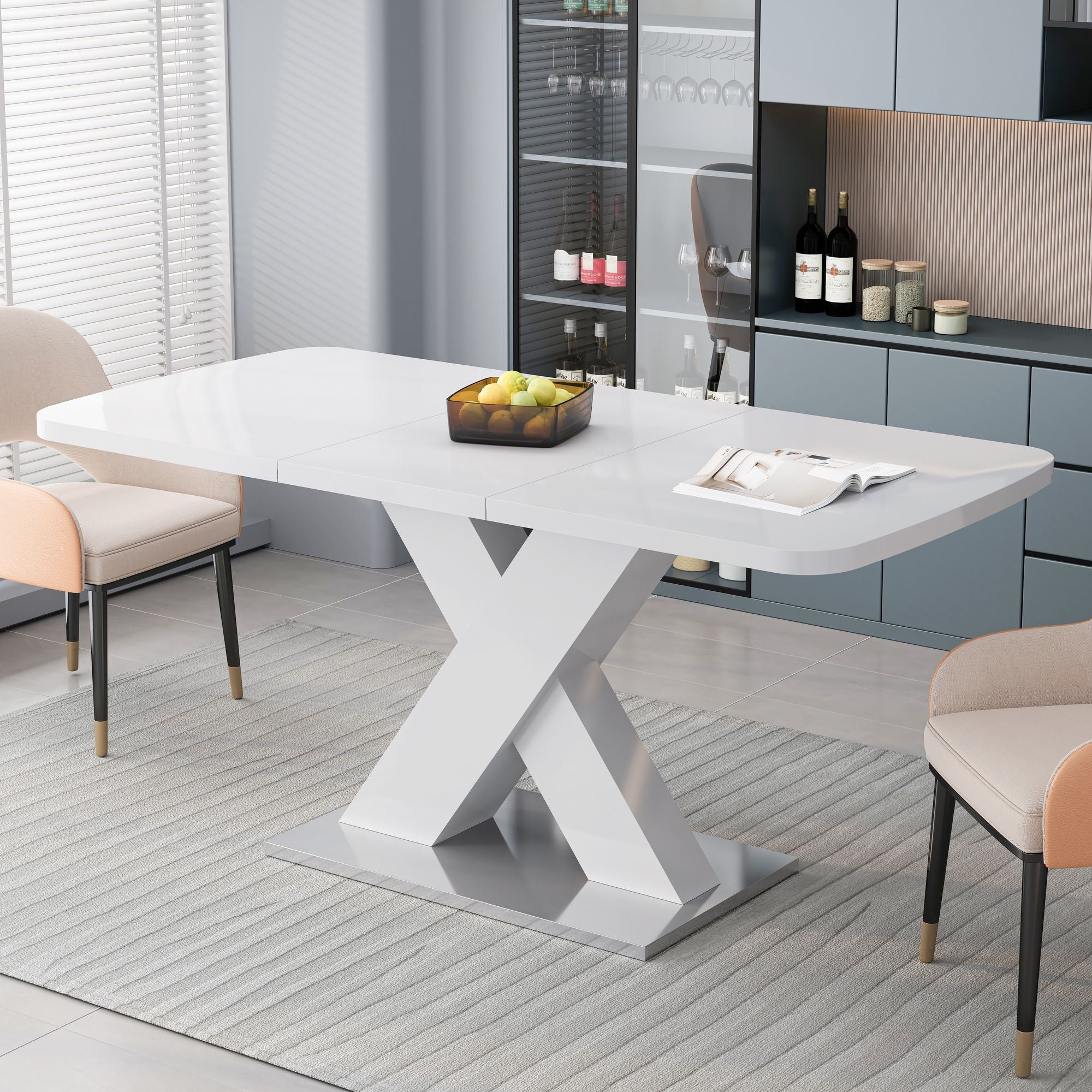 Modern Square Dining Table, Stretchable, White Table Top+MDF X - Shape Table Leg with Metal Base - Comfortable Living Decor