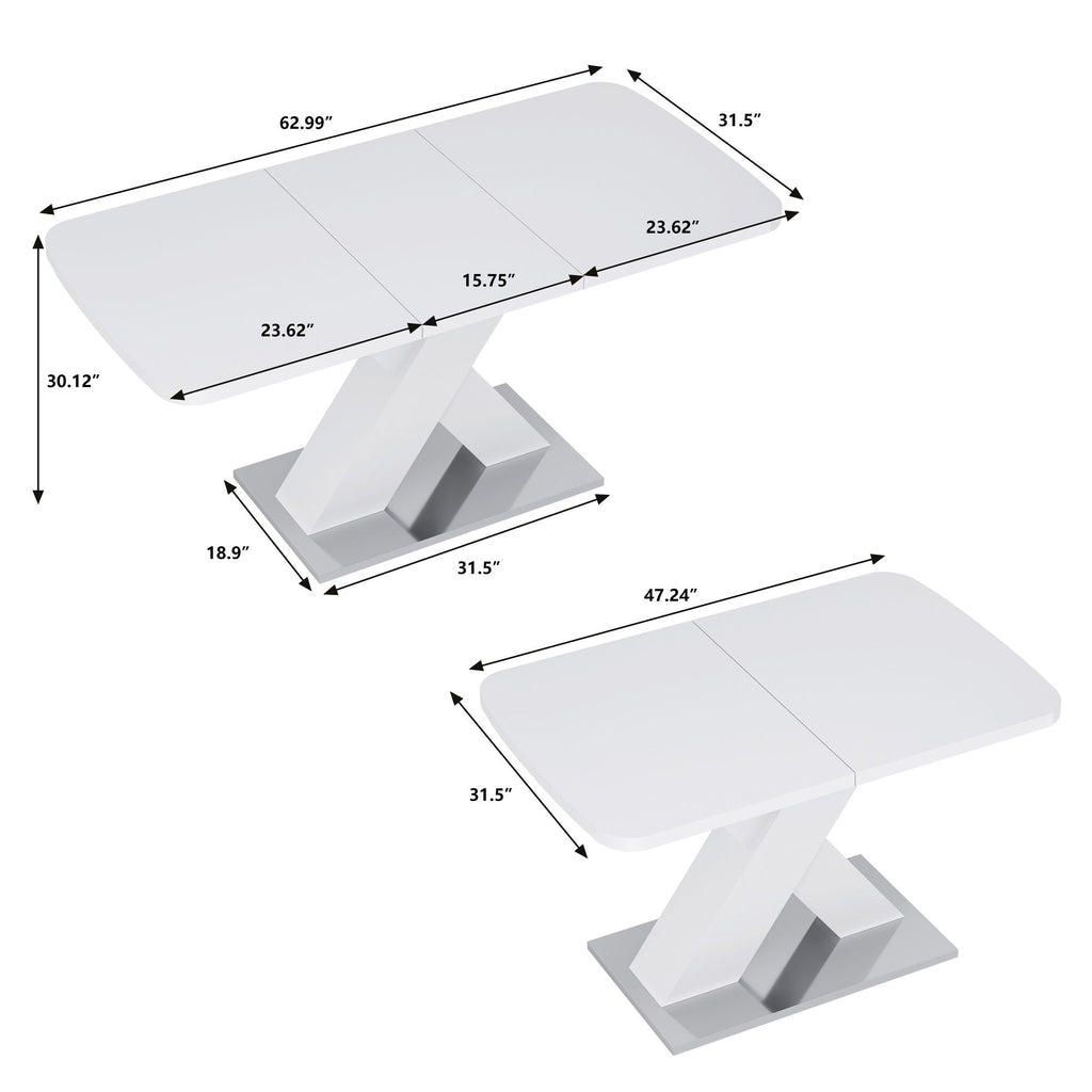 Modern Square Dining Table, Stretchable, White Table Top+MDF X - Shape Table Leg with Metal Base - Comfortable Living Decor