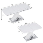Modern Square Dining Table, Stretchable, White Table Top+MDF X - Shape Table Leg with Metal Base - Comfortable Living Decor