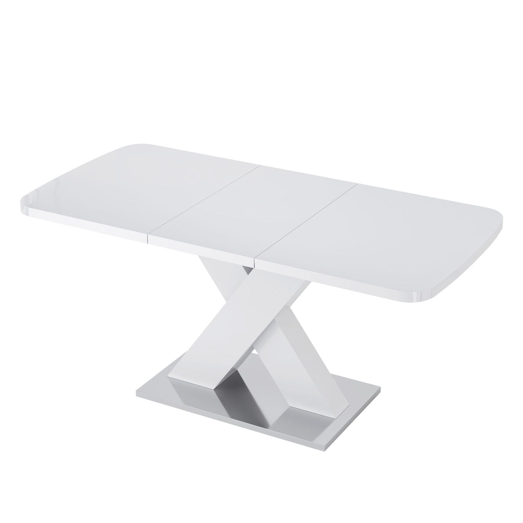 Modern Square Dining Table, Stretchable, White Table Top+MDF X - Shape Table Leg with Metal Base - Comfortable Living Decor