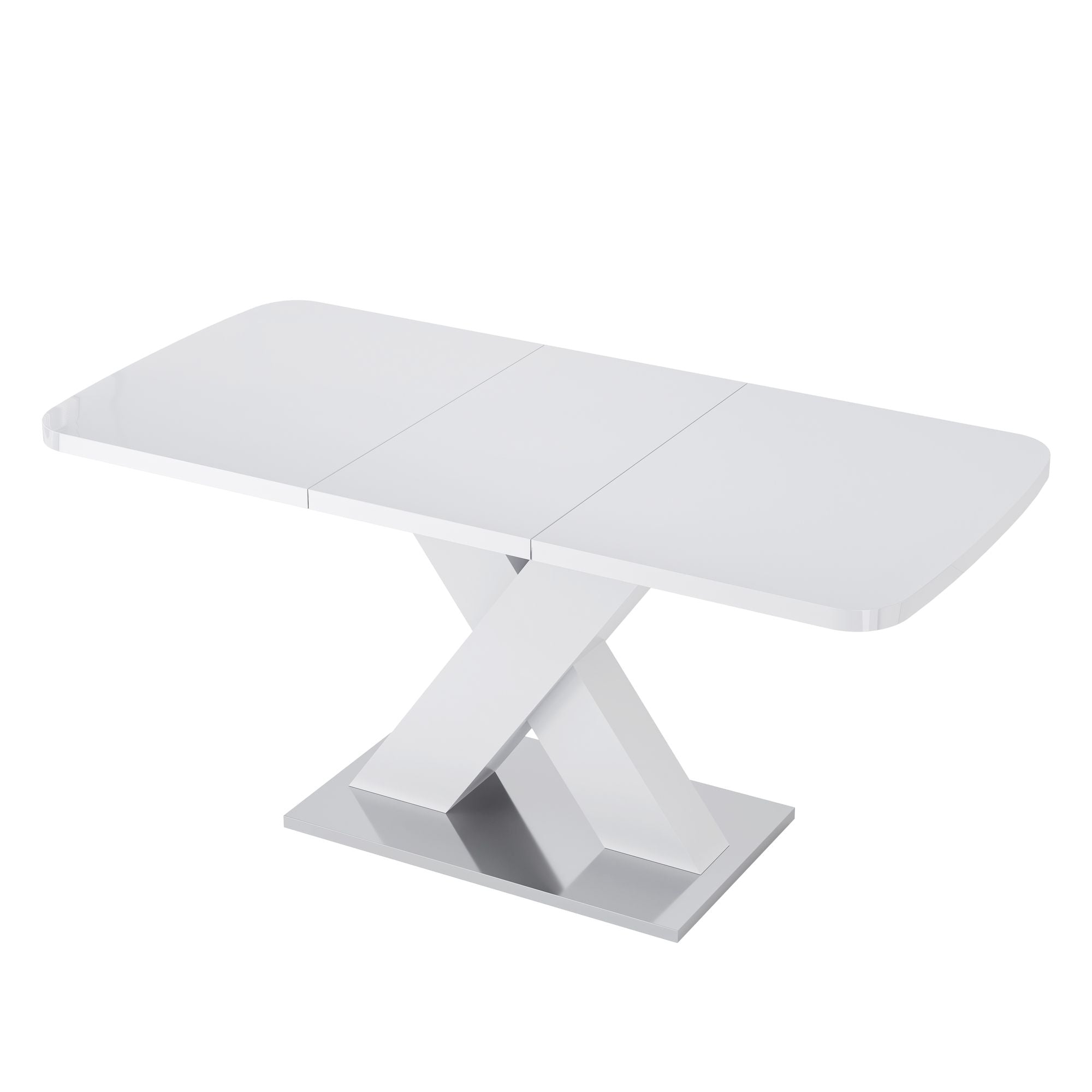 Modern Square Dining Table, Stretchable, White Table Top+MDF X - Shape Table Leg with Metal Base - Comfortable Living Decor