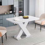 Modern Square Dining Table, Stretchable, White Table Top+MDF X - Shape Table Leg with Metal Base - Comfortable Living Decor
