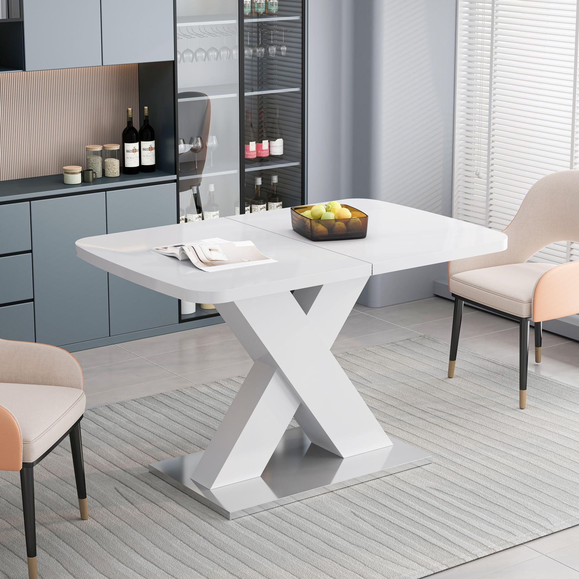 Modern Square Dining Table, Stretchable, White Table Top+MDF X - Shape Table Leg with Metal Base - Comfortable Living Decor