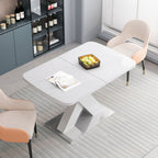 Modern Square Dining Table, Stretchable, White Table Top+MDF X - Shape Table Leg with Metal Base - Comfortable Living Decor