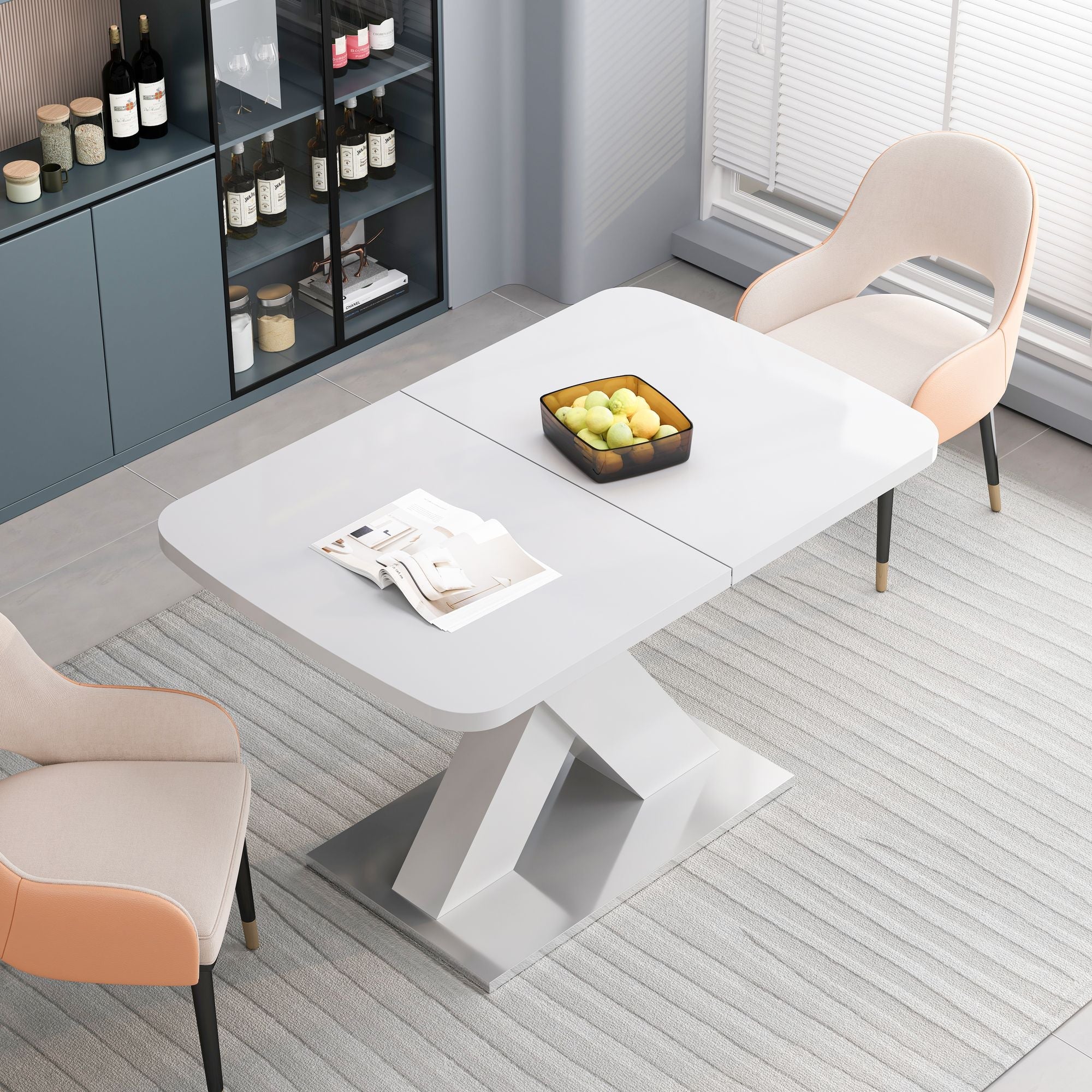Modern Square Dining Table, Stretchable, White Table Top+MDF X - Shape Table Leg with Metal Base - Comfortable Living Decor
