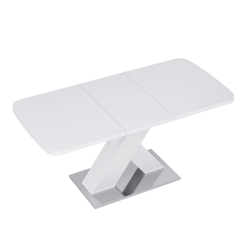 Modern Square Dining Table, Stretchable, White Table Top+MDF X - Shape Table Leg with Metal Base - Comfortable Living Decor