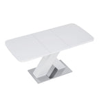 Modern Square Dining Table, Stretchable, White Table Top+MDF X - Shape Table Leg with Metal Base - Comfortable Living Decor