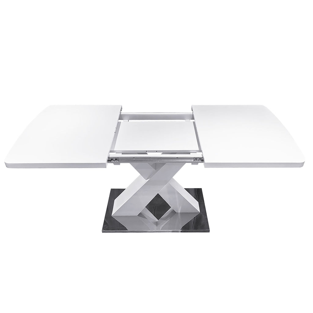 Modern Square Dining Table, Stretchable, White Table Top+MDF X - Shape Table Leg with Metal Base - Comfortable Living Decor