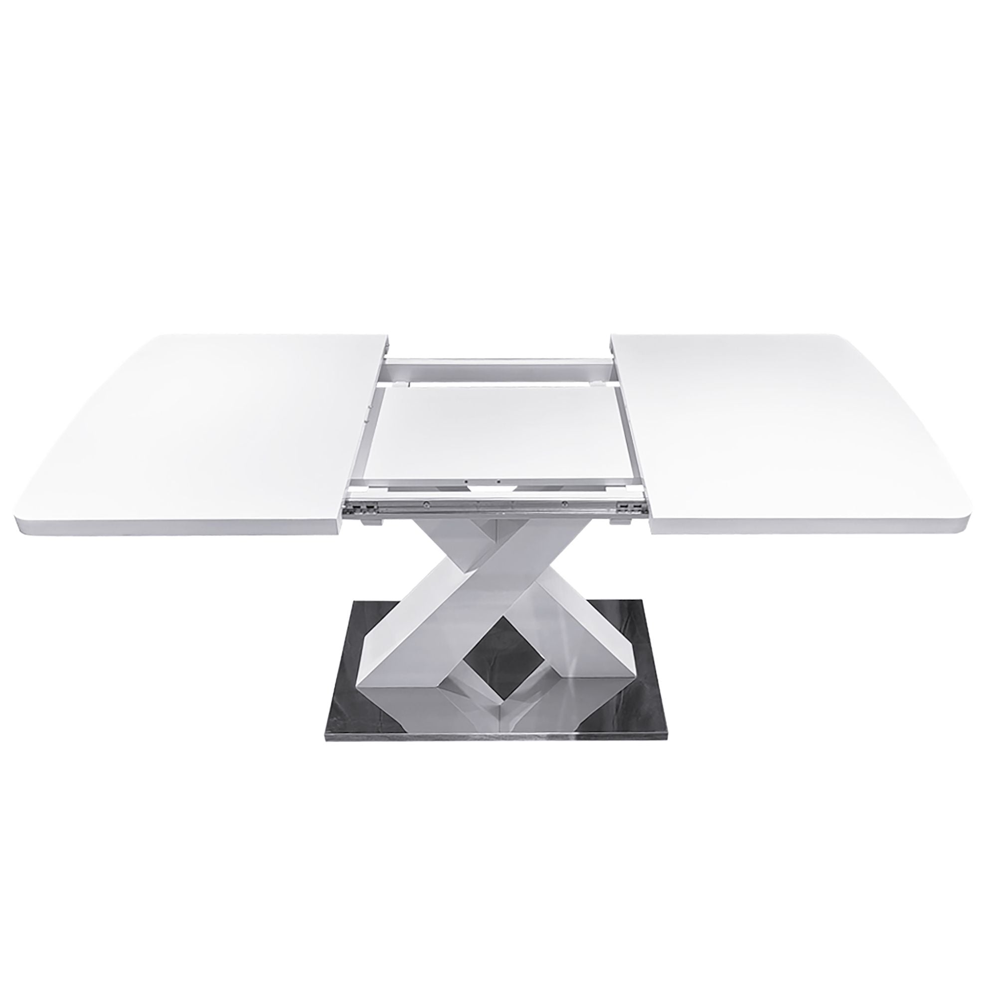 Modern Square Dining Table, Stretchable, White Table Top+MDF X - Shape Table Leg with Metal Base - Comfortable Living Decor