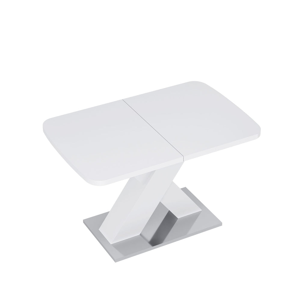 Modern Square Dining Table, Stretchable, White Table Top+MDF X - Shape Table Leg with Metal Base - Comfortable Living Decor